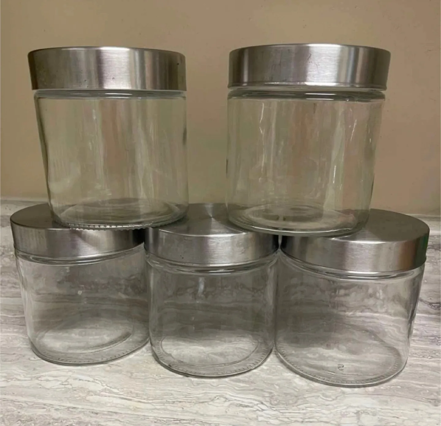 Set of 5 Large Clear Glass Storage Jars with Silver Metal Lids thumbnail