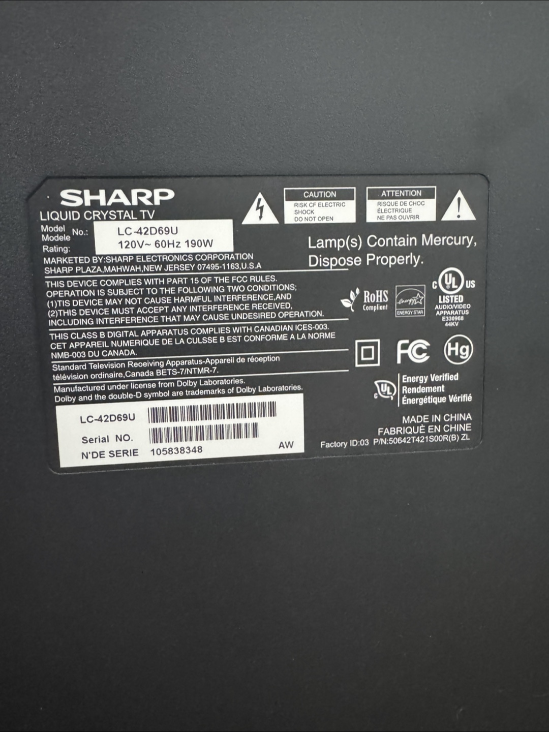 Sharp Aquos LC-42D69U 42" LCD TV - photo 5