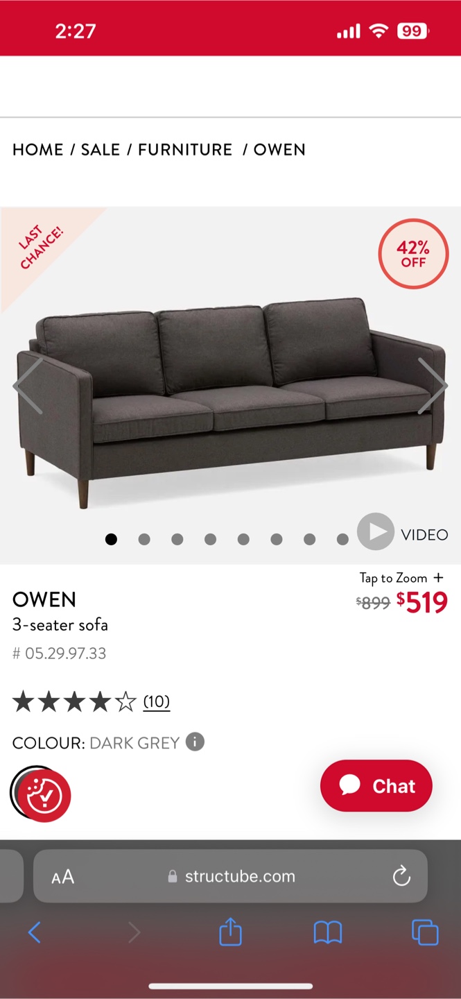 Structube Owen 3-Seater Sofa - Dark Grey