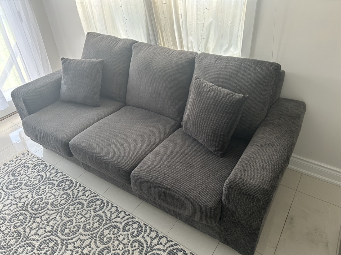 Gray Corduroy 3-Seat Sofa with Pillows