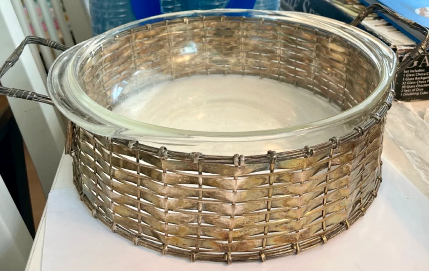 Vintage Glass Bowl with Silver Metal Basket thumbnail