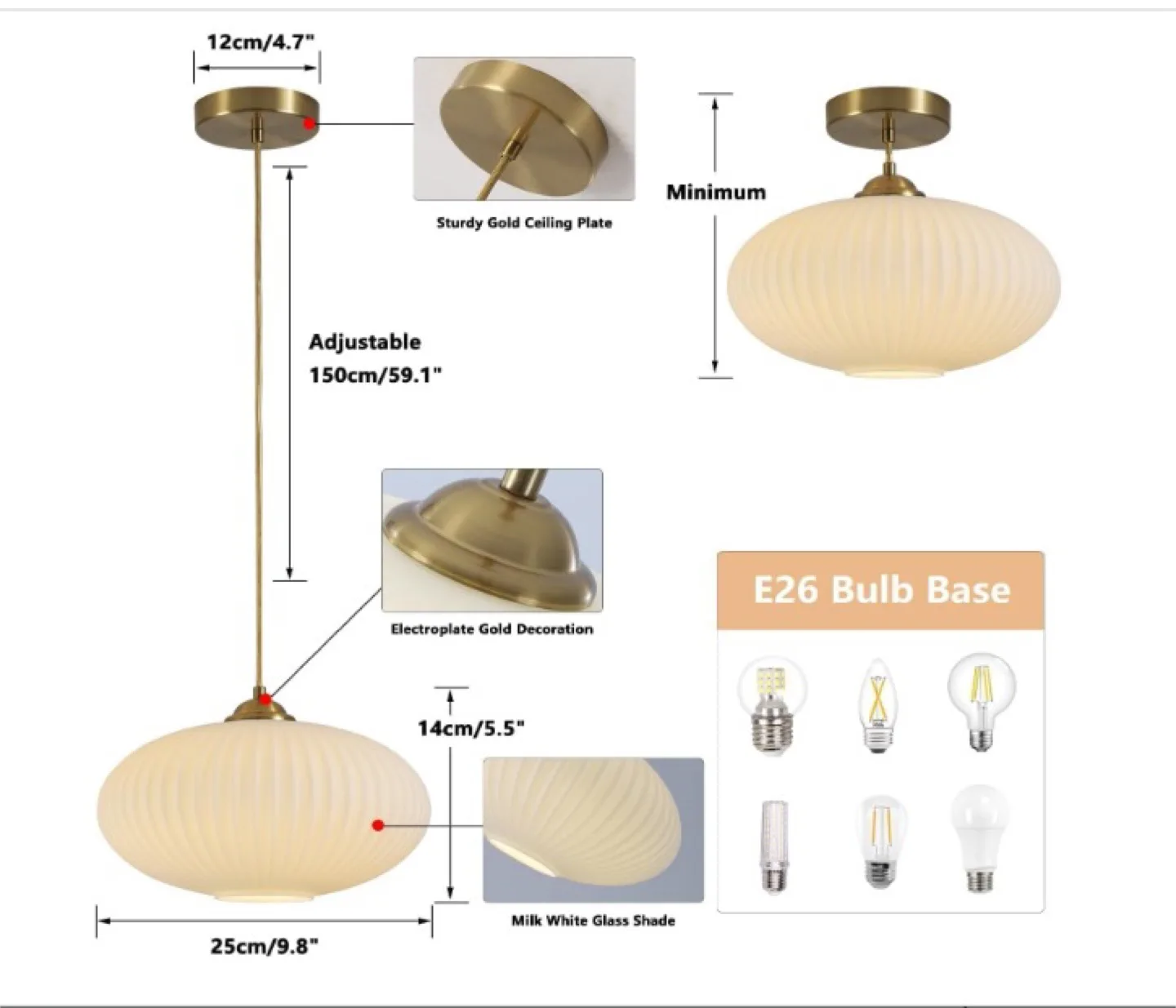 KCO Lighting Pendant Light - Milk White Glass Shade thumbnail