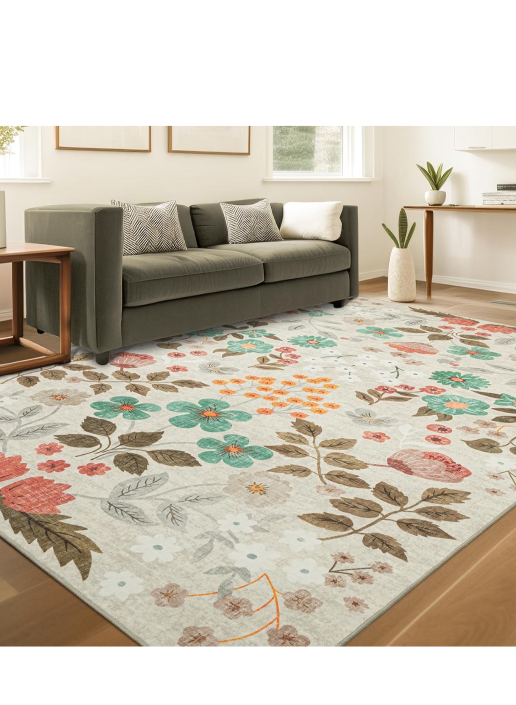 Floral Faux Wool Area Rug 8ft x 10ft,Beige/Green Multi Rug