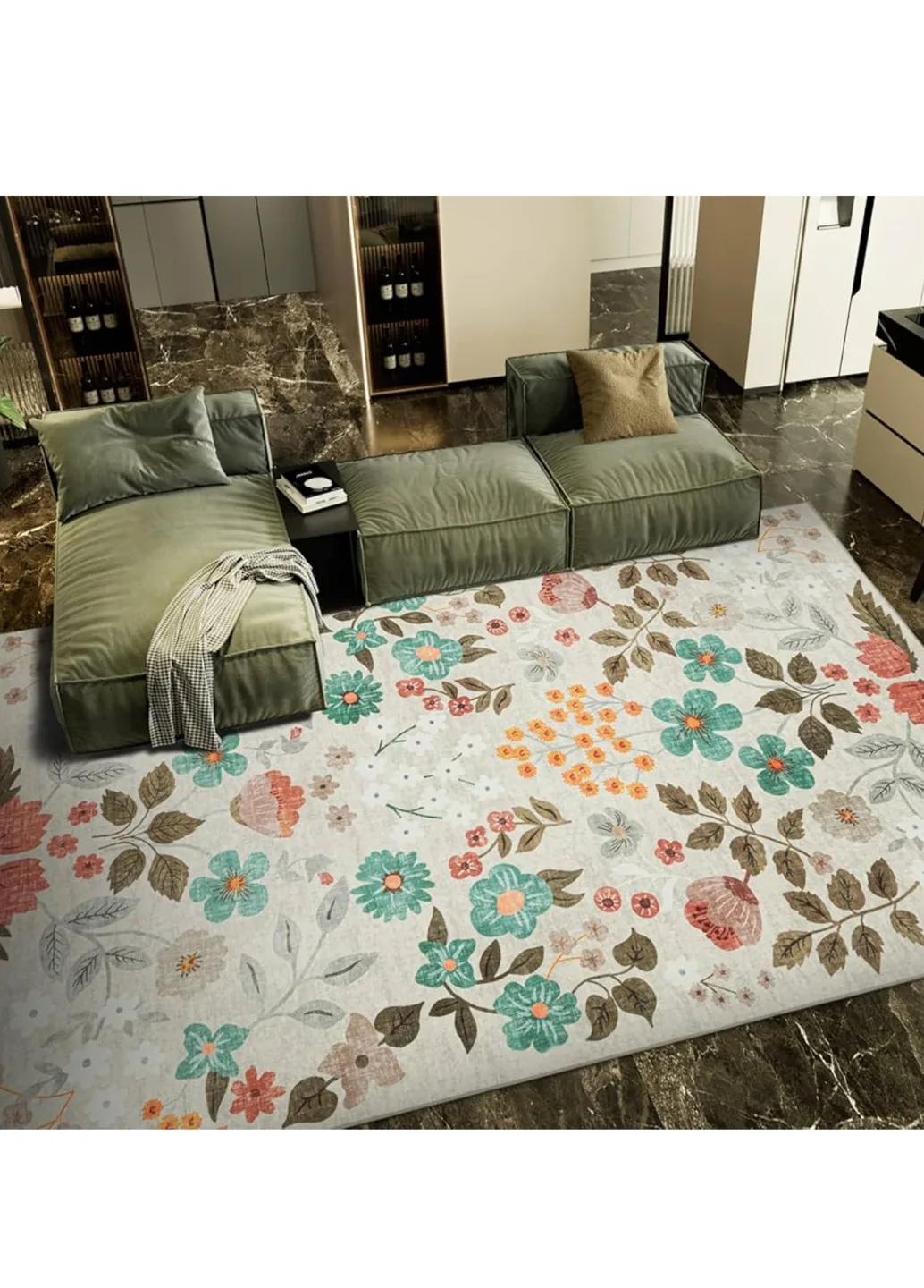 Floral Faux Wool Area Rug 8ft x 10ft,Beige/Green Multi Rug image indicator(5)