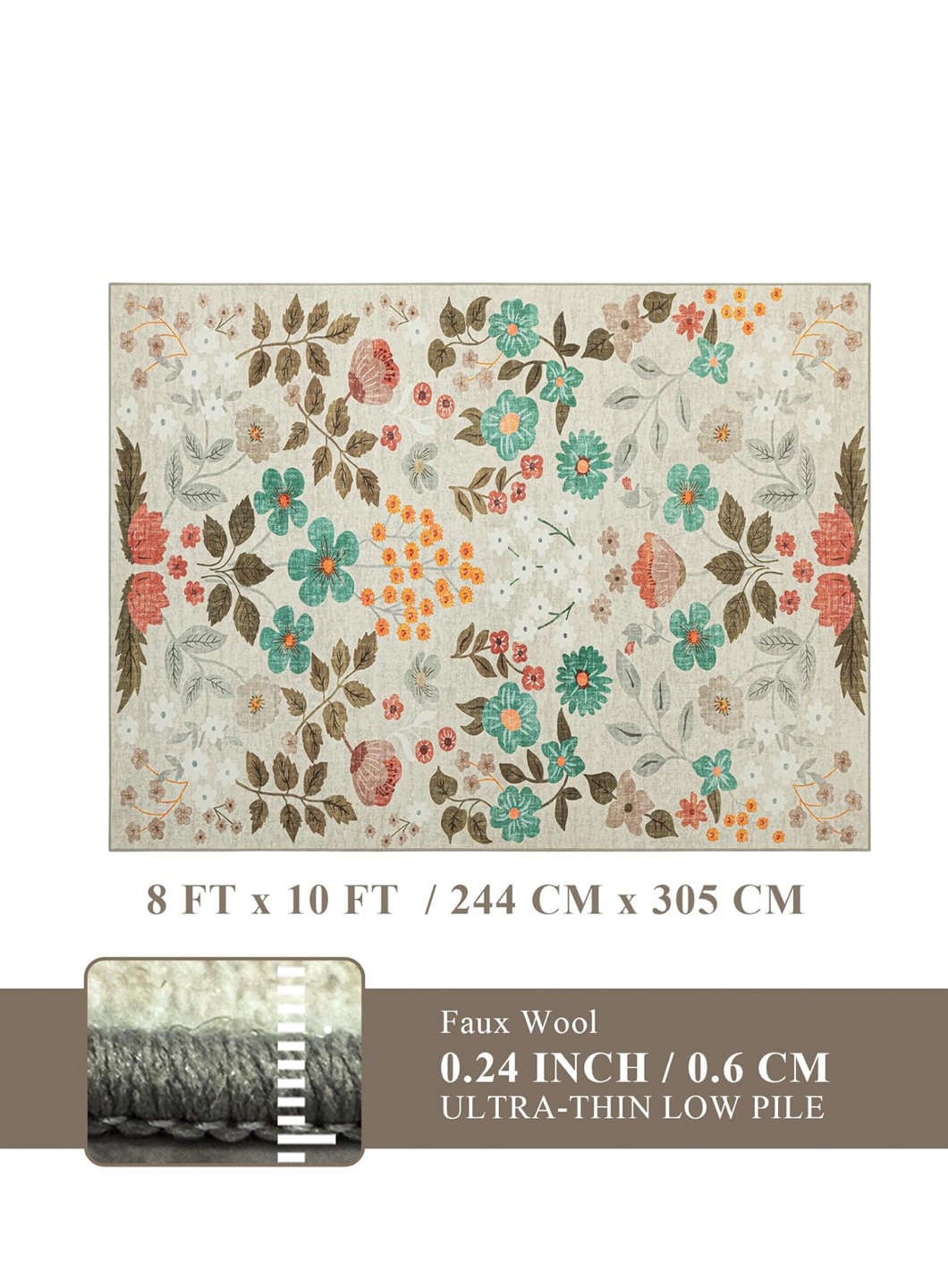 Floral Faux Wool Area Rug 8ft x 10ft,Beige/Green Multi Rug - photo 2
