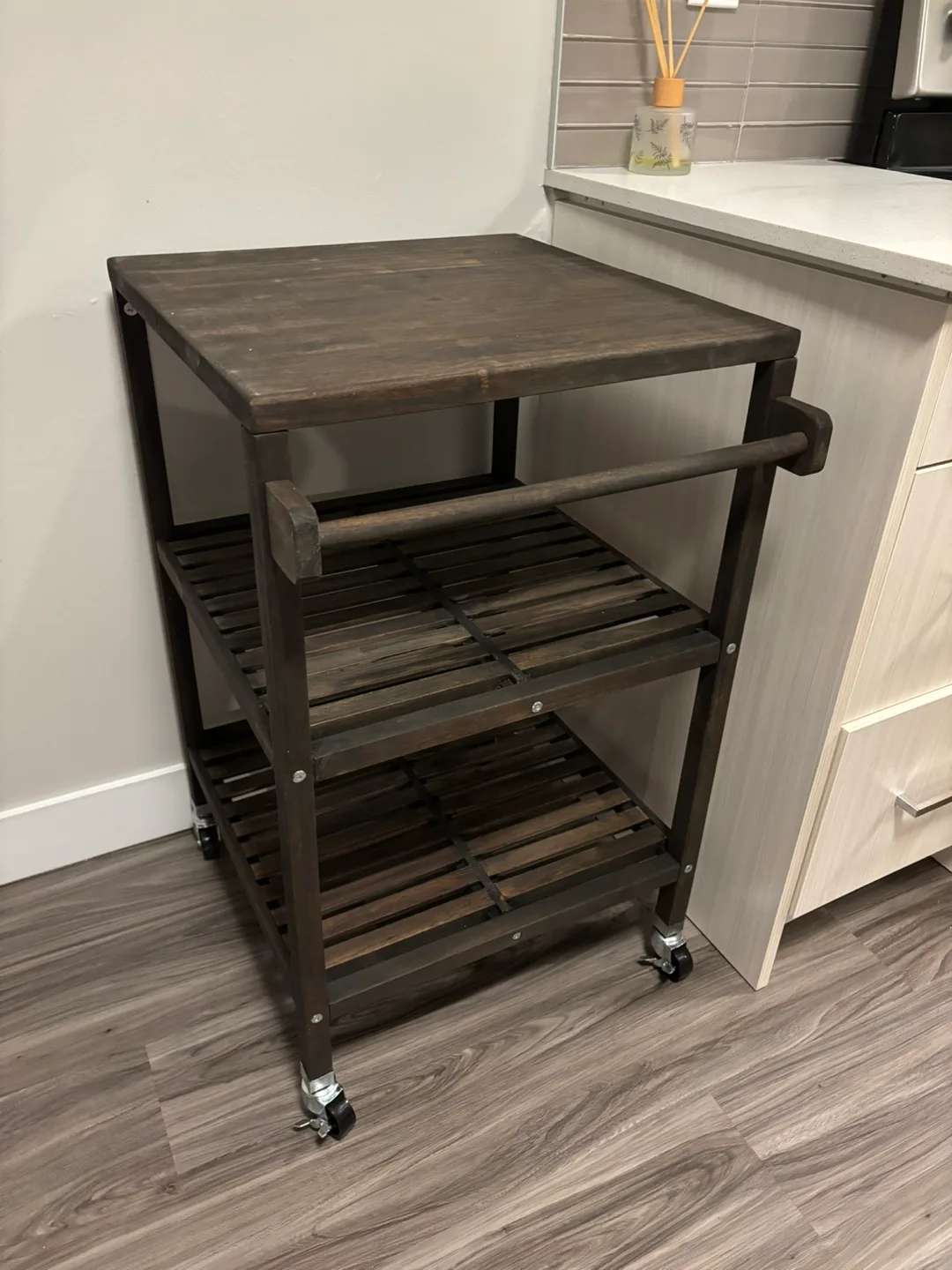 Never used. Dark Brown Wood Kitchen Cart - 20"x20" image indicator(3)