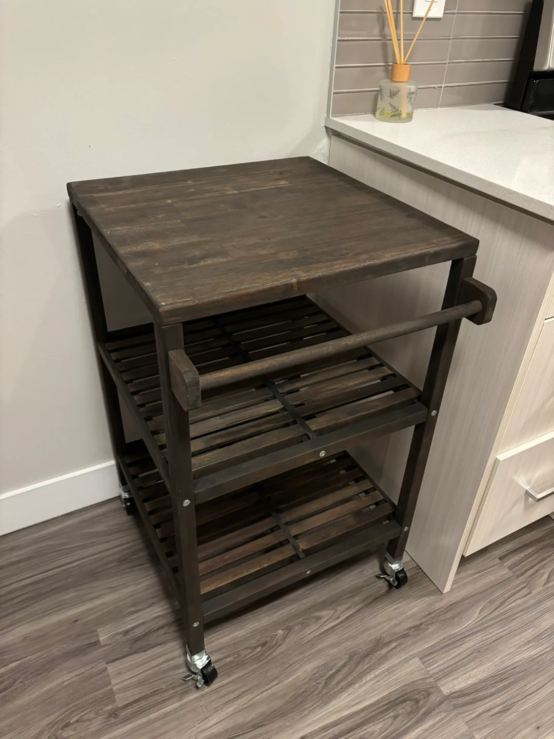 Never used. Dark Brown Wood Kitchen Cart - 20"x20" image indicator(2)