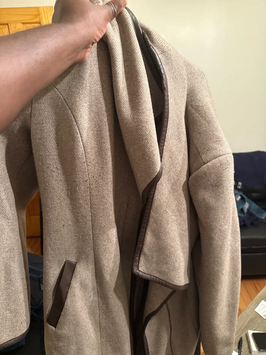 Tan Wool Blend Coat with Leather Trim image indicator(2)