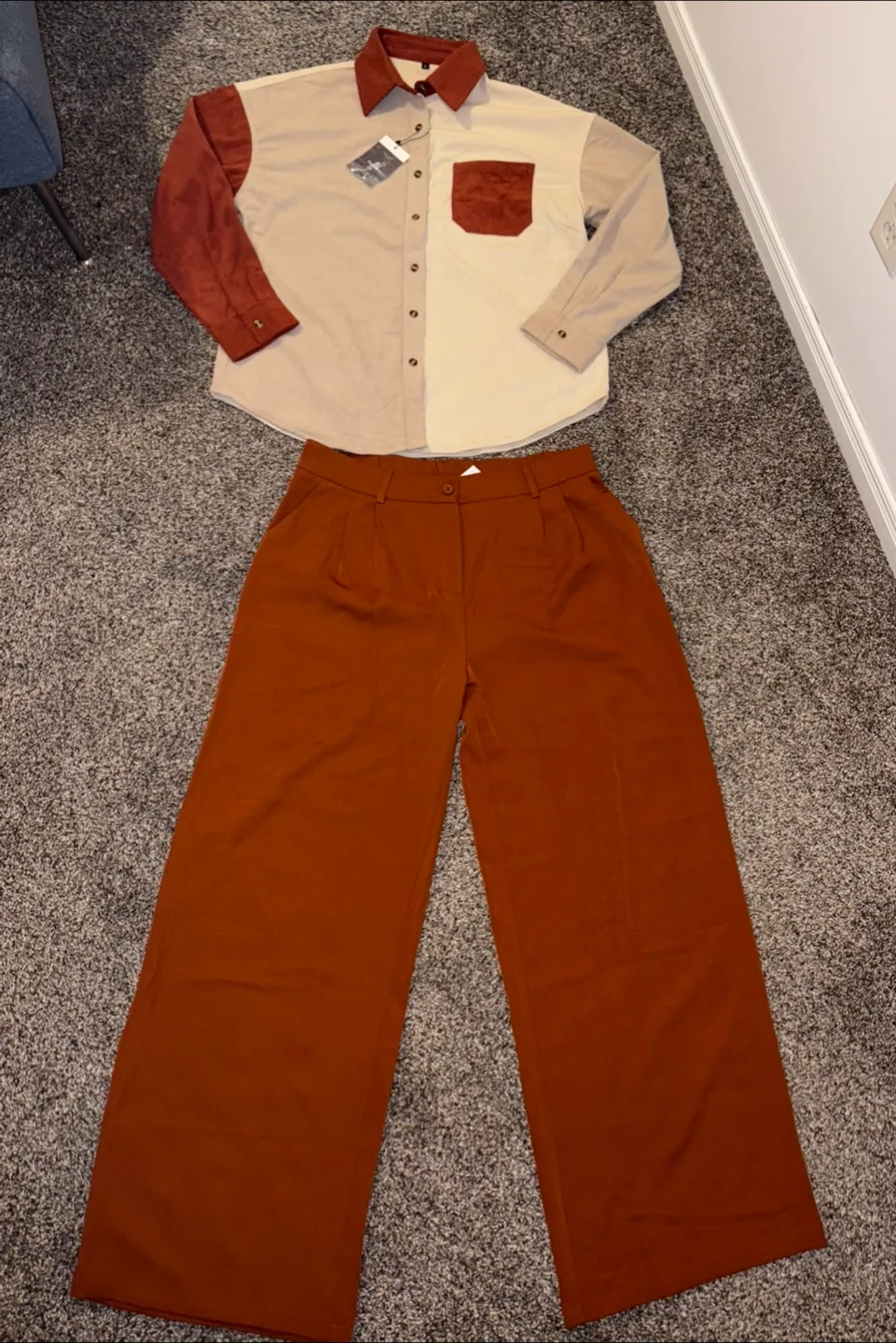New Corduroy Colour Block Shirt and Pants Set thumbnail
