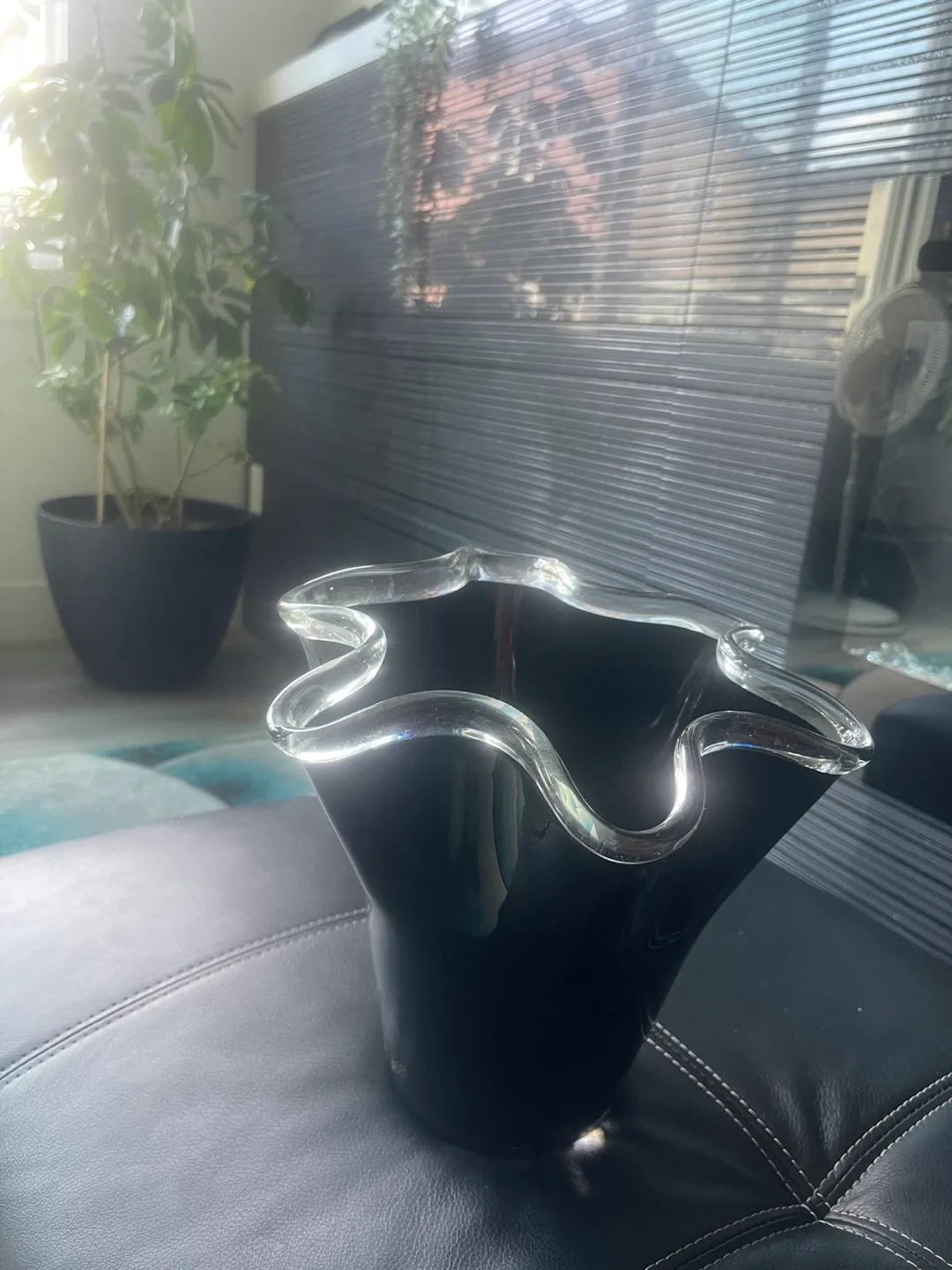 Black Glass Vase with Clear Rim thumbnail