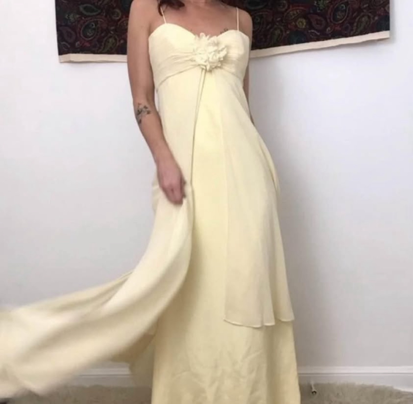 Badgley Mischka butter yellow bridesmaid wedding guest dress