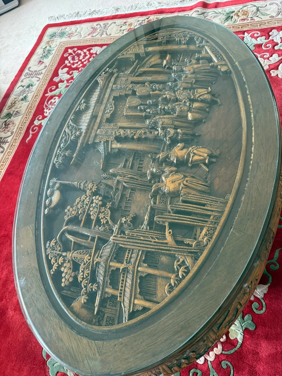 Ornate Oval Coffee Table with Glass Top thumbnail