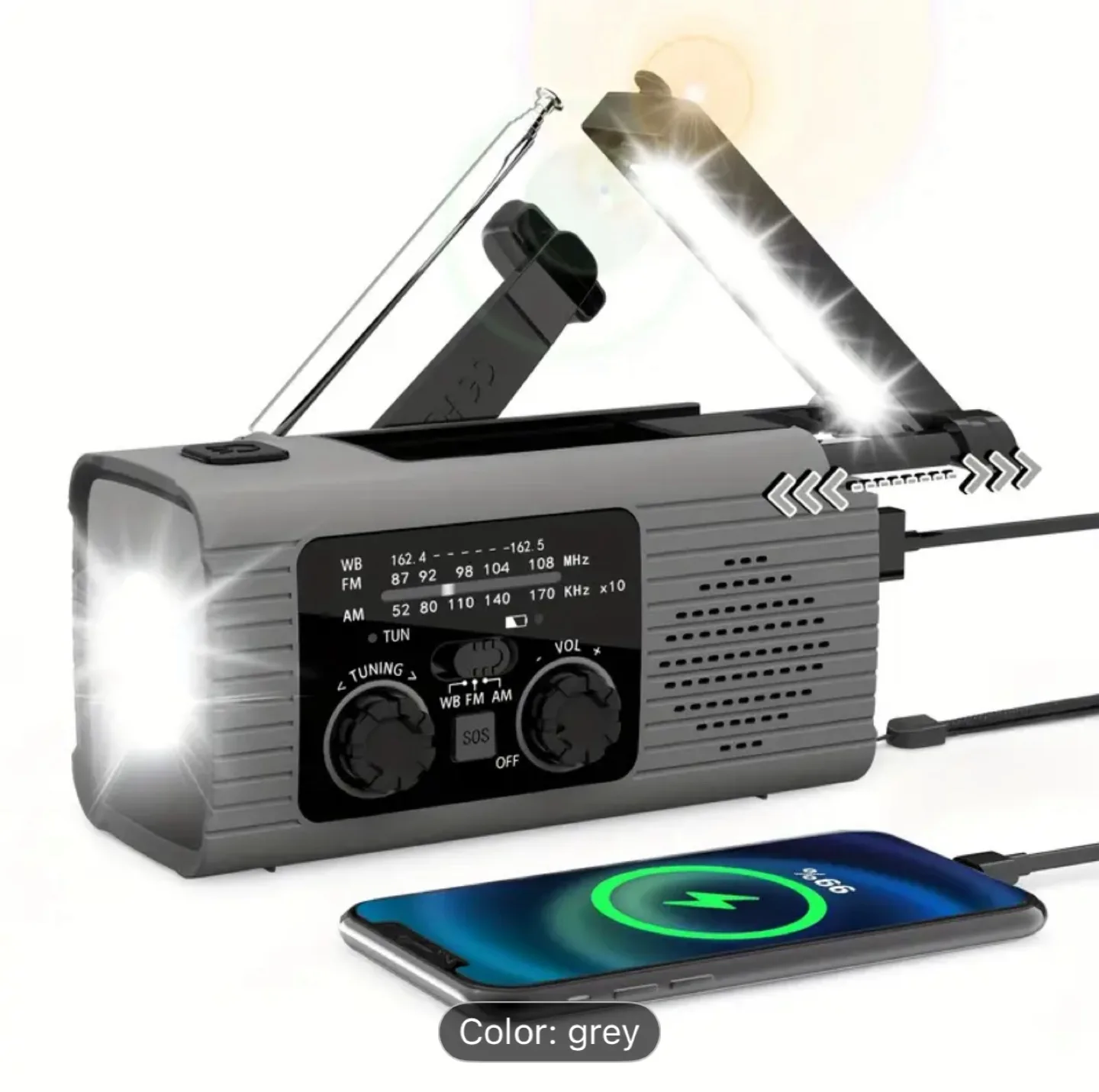 Grey Emergency Radio with Flashlight & Solar Charging thumbnail