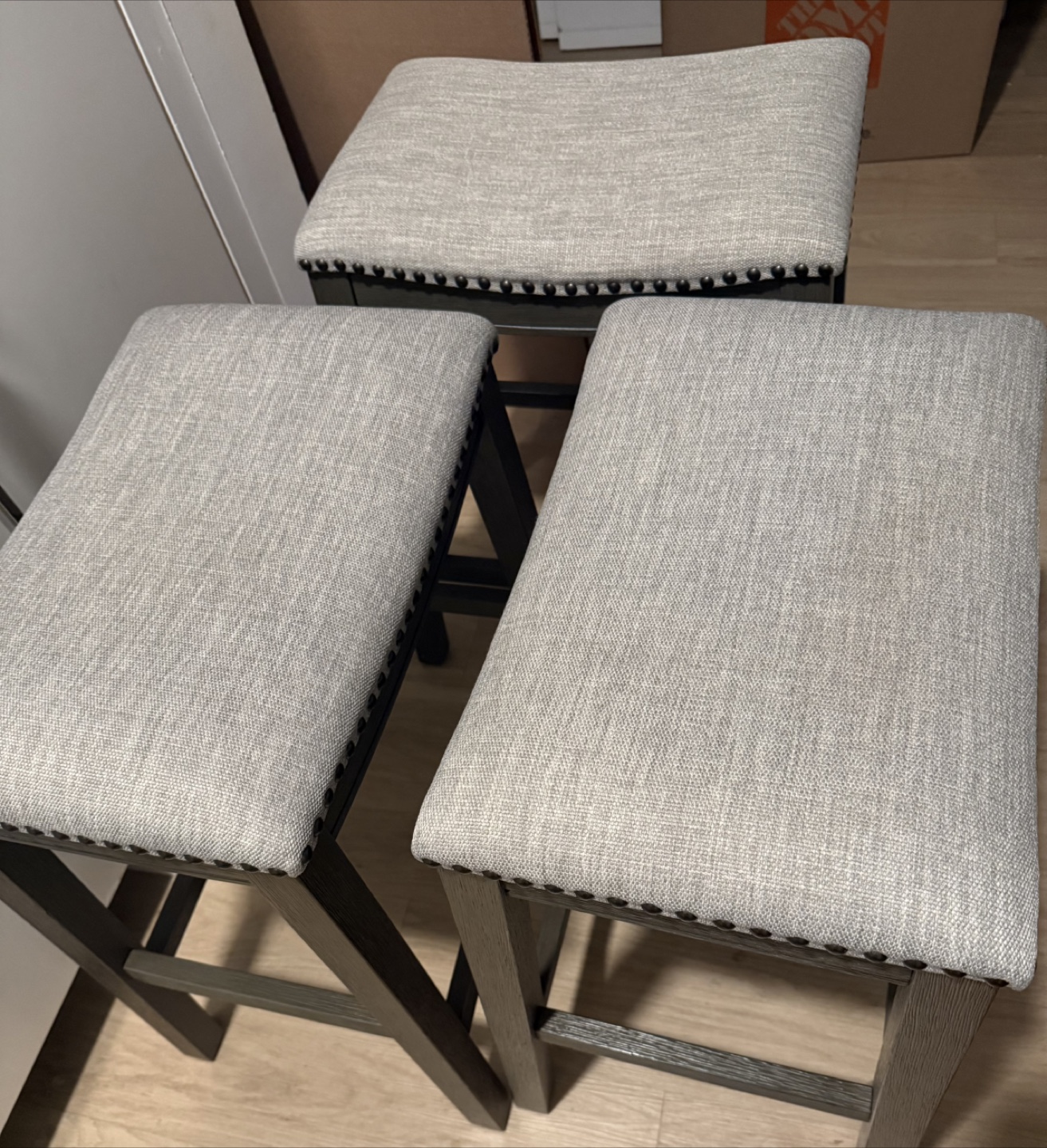 Set of 3 Gray Upholstered Bar Stools