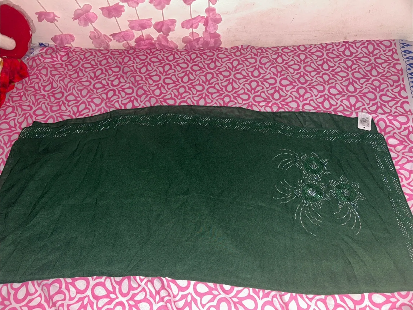 Dark Green see through flower design bling scarf thumbnail