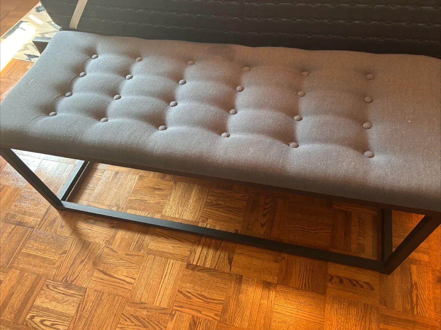 Blue Upholstered Bench with Black Metal Frame thumbnail