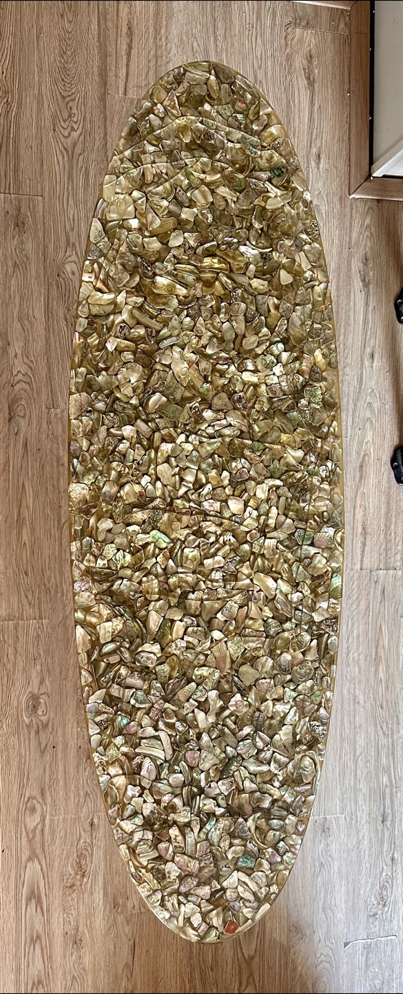 Surfboard shaped MCM abalone resin coffee table
