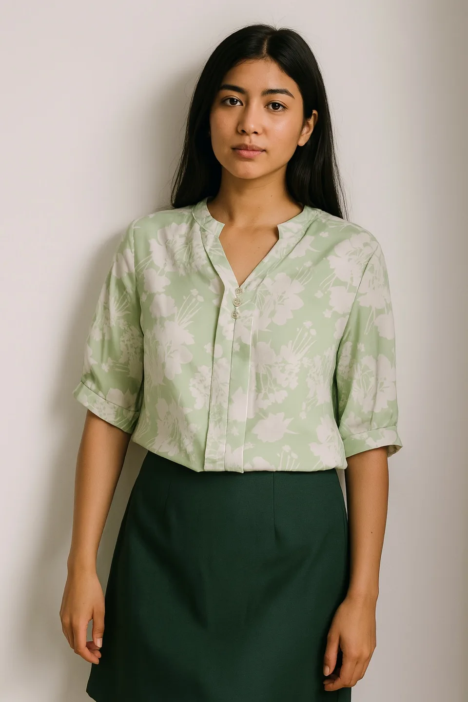 Elegant Floral Blouse – Light Green & White thumbnail