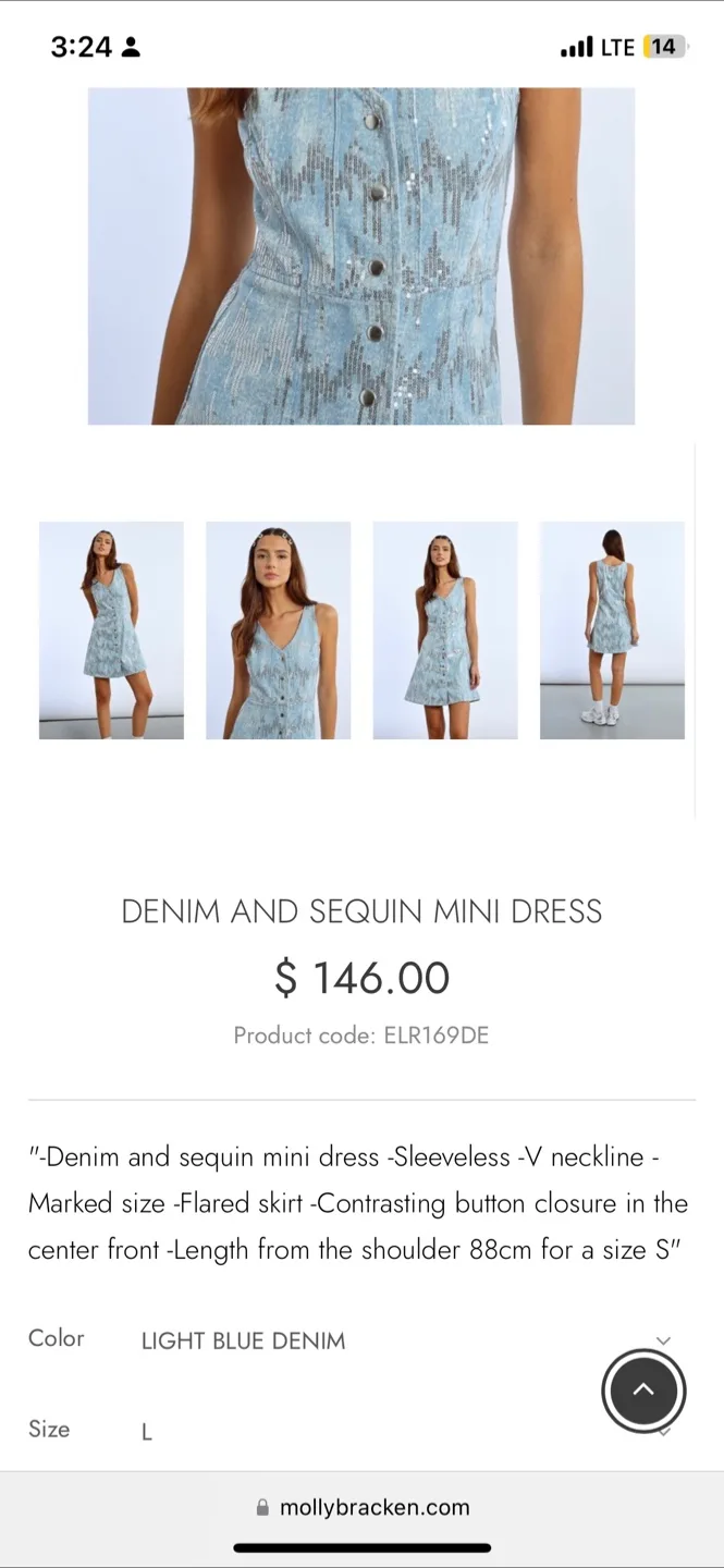 Molly Bracken Denim Mini Dress - Size M thumbnail