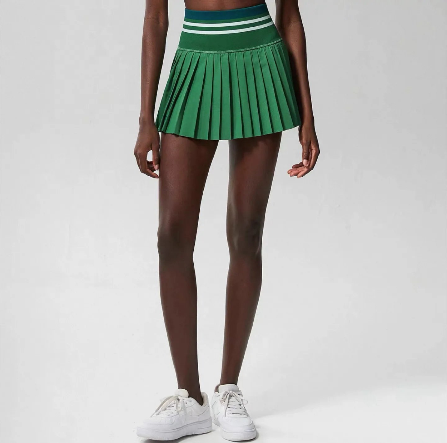 Green High-Waisted Pleated Tennis Skirt with Athletic Waistband thumbnail
