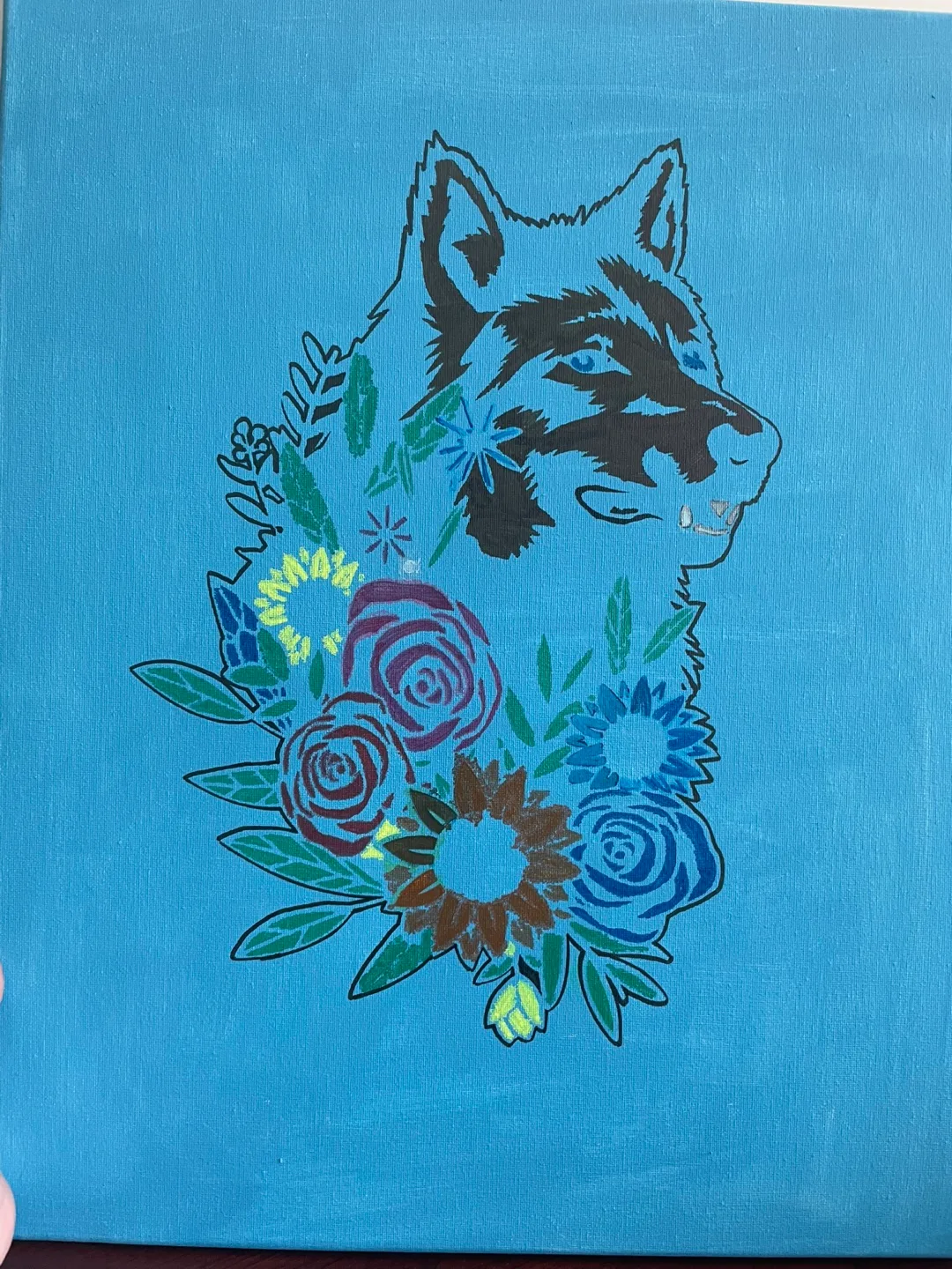 Hand-Painted Wolf & Floral Canvas thumbnail