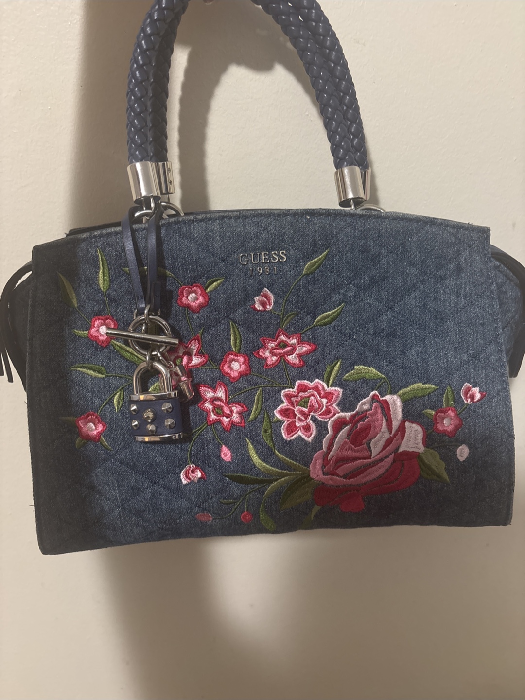 Guess Denim Floral Embroidered Handbag