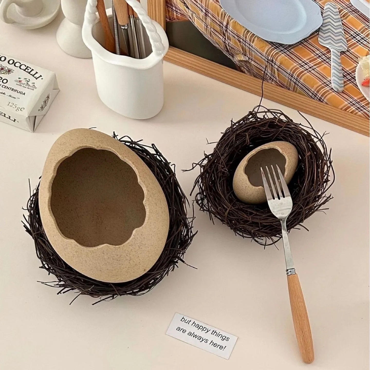 Egg Shaped Ceramic Bowl with Bird Nest Stand thumbnail