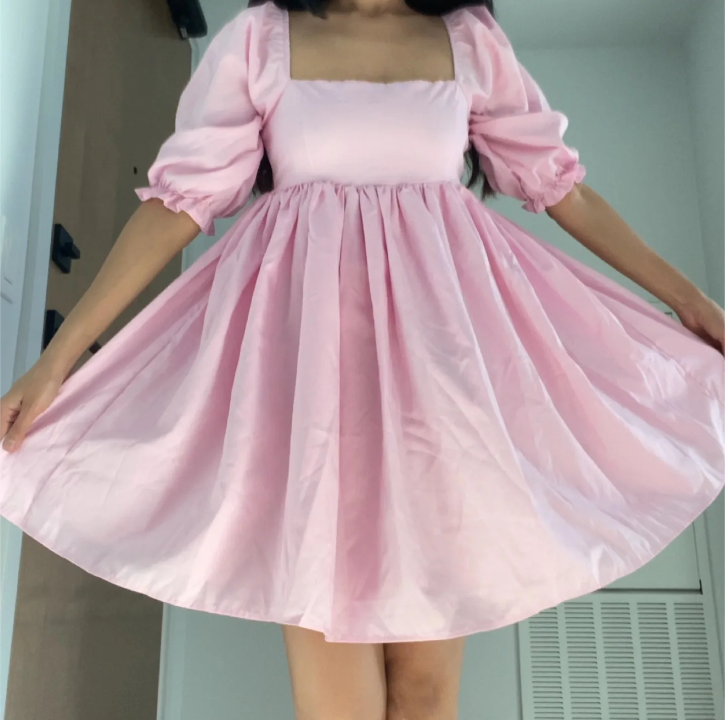 Full Flare Pink Puff Sleeve Dress (NEW) thumbnail