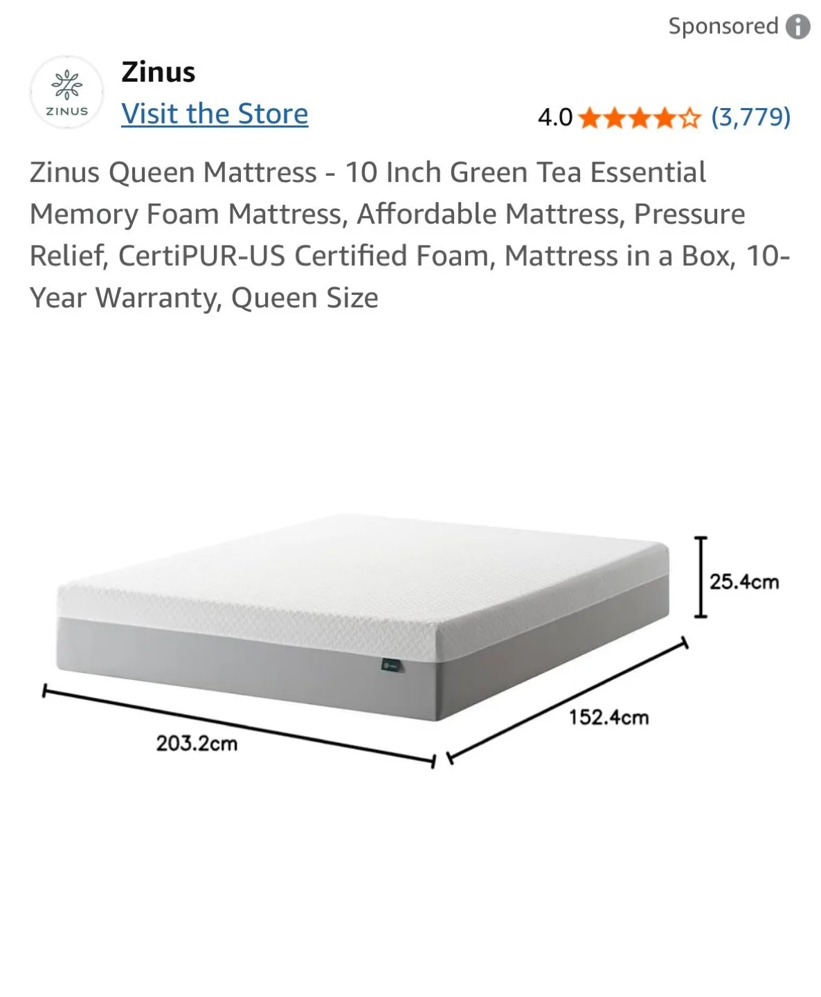Zinus Queen Mattress for sale! 10” Green Tea Memory Foam thumbnail