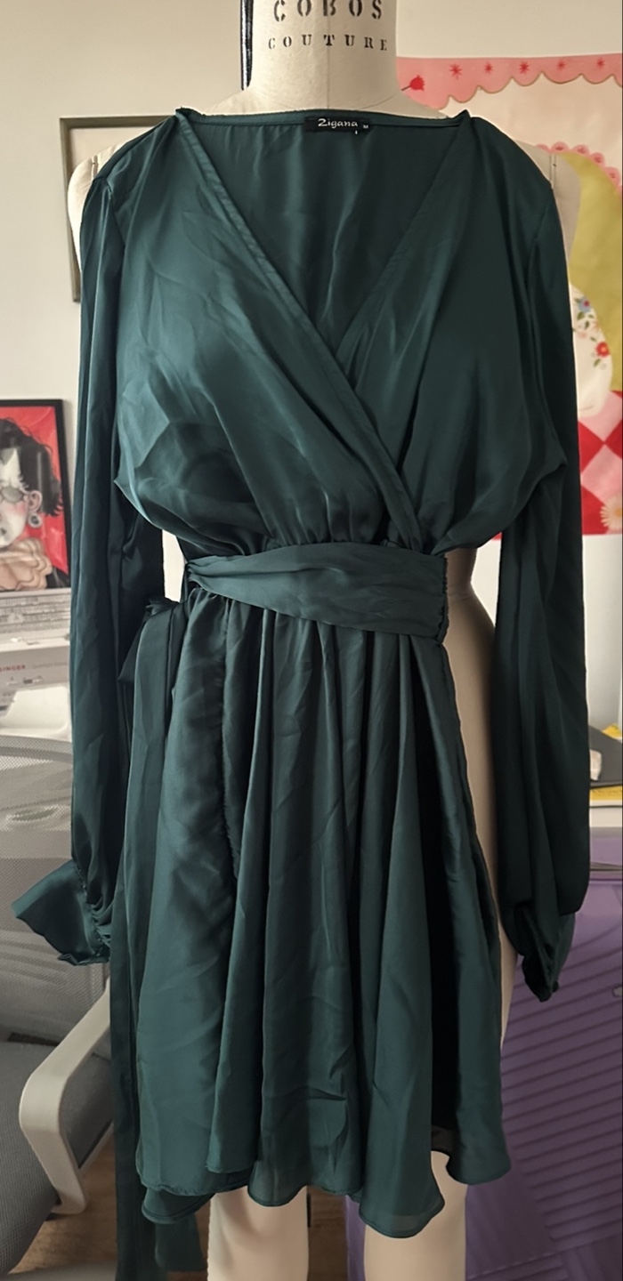 V Neck Cross Green Dress