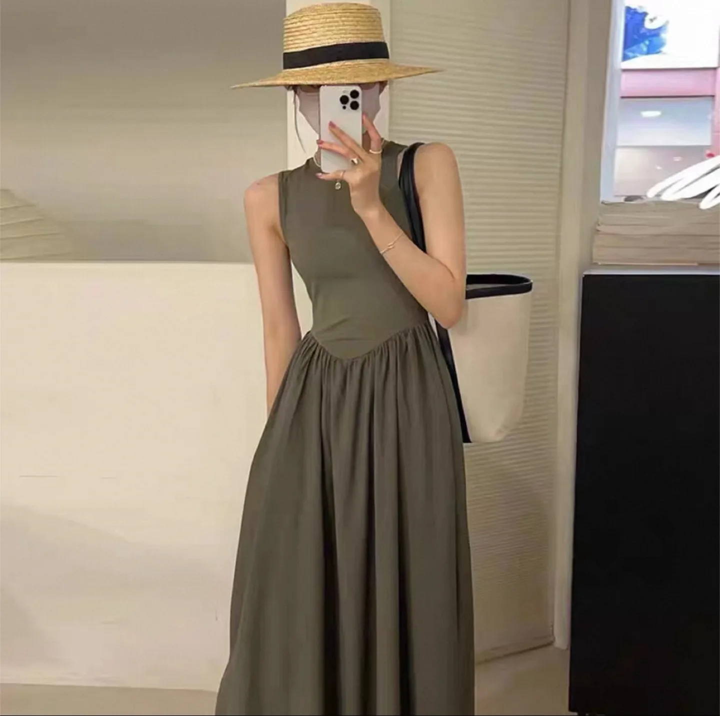 Olive Green Sleeveless Midi Dress thumbnail