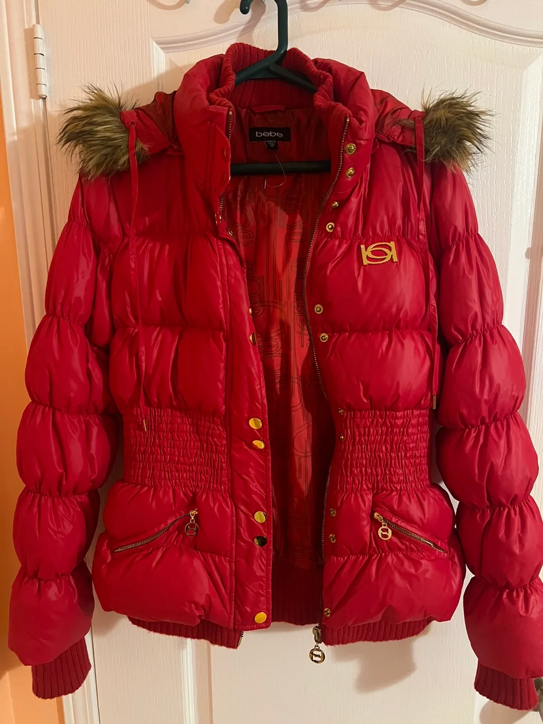 Bebe Red Puffer Jacket with Fur Hood image indicator(2)