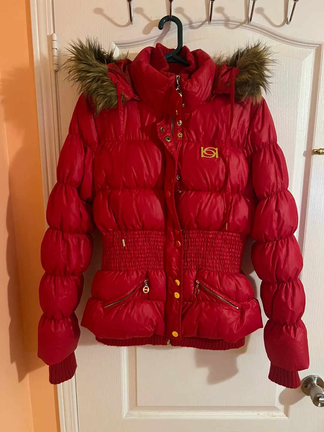 Bebe Red Puffer Jacket with Fur Hood thumbnail