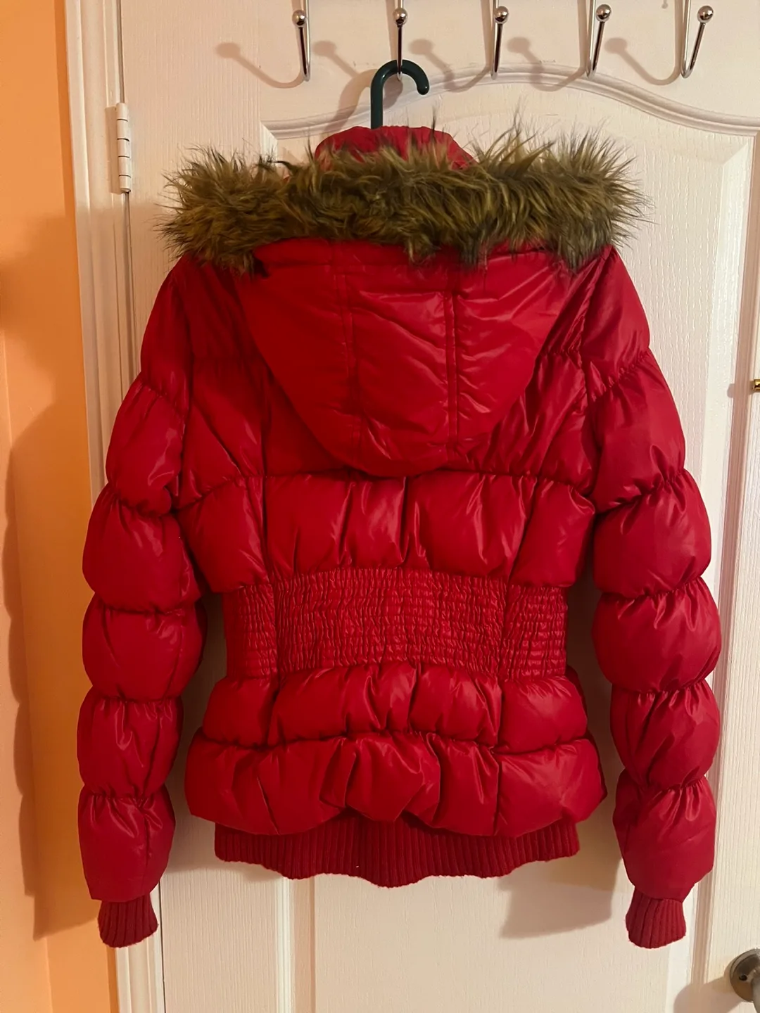 Bebe Red Puffer Jacket with Fur Hood image indicator(3)