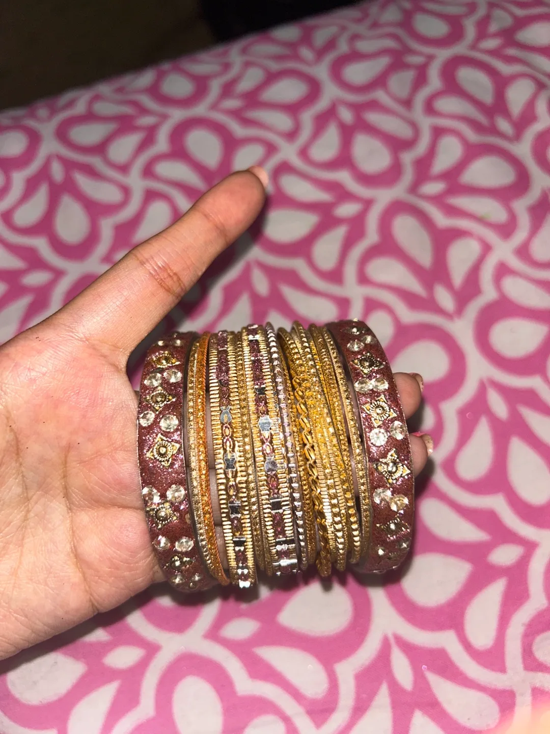 Set of Gold & Pink Bangles one hand thumbnail