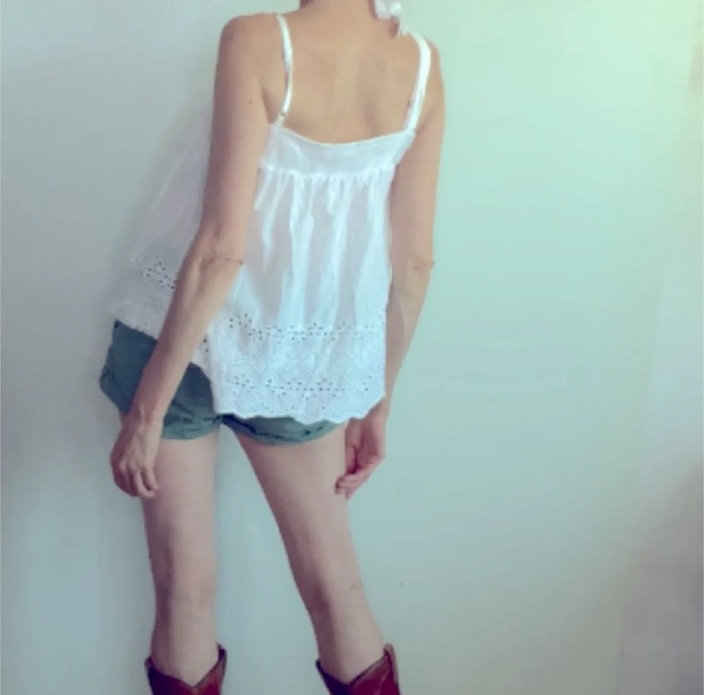 Sweet White Eyelet Tank Top with Bow Tie Straps image indicator(3)