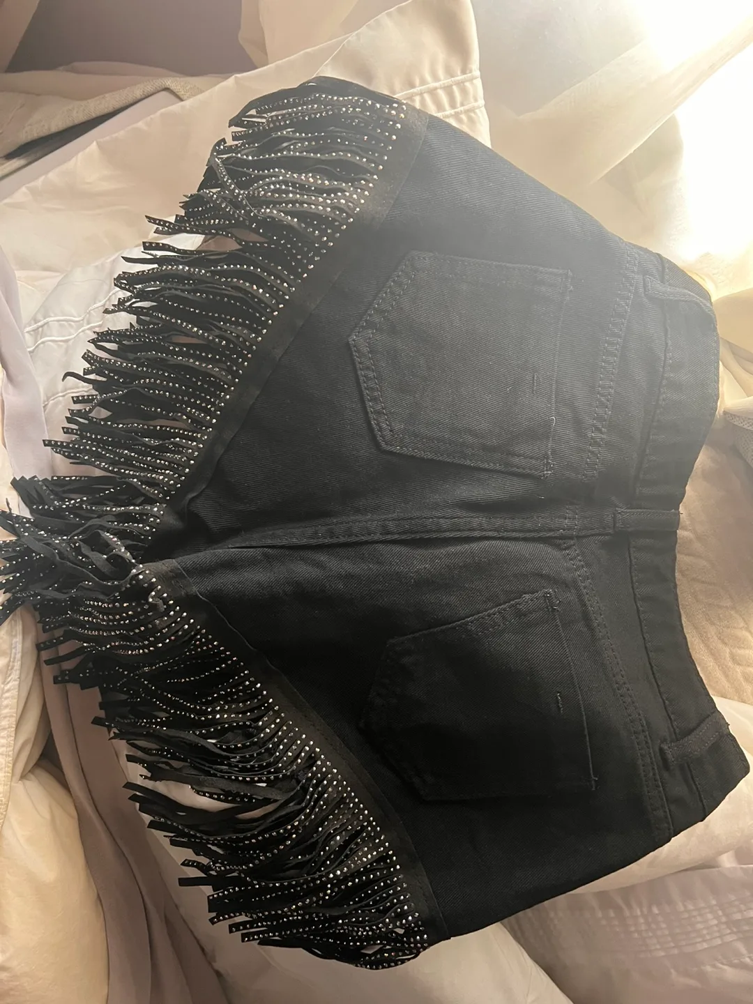 Black Fringe Denim Shorts image indicator(2)