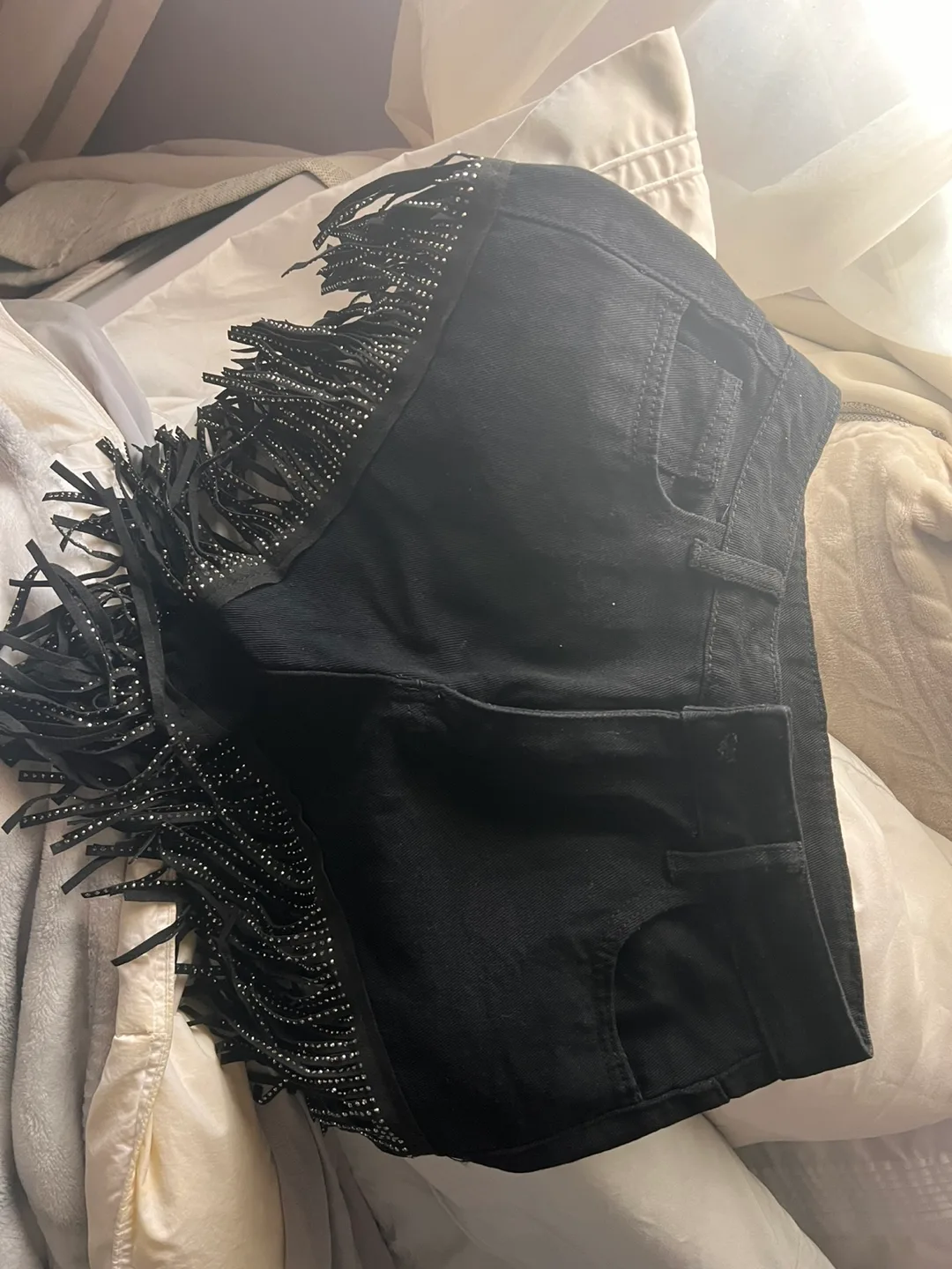 Black Fringe Denim Shorts image indicator(4)