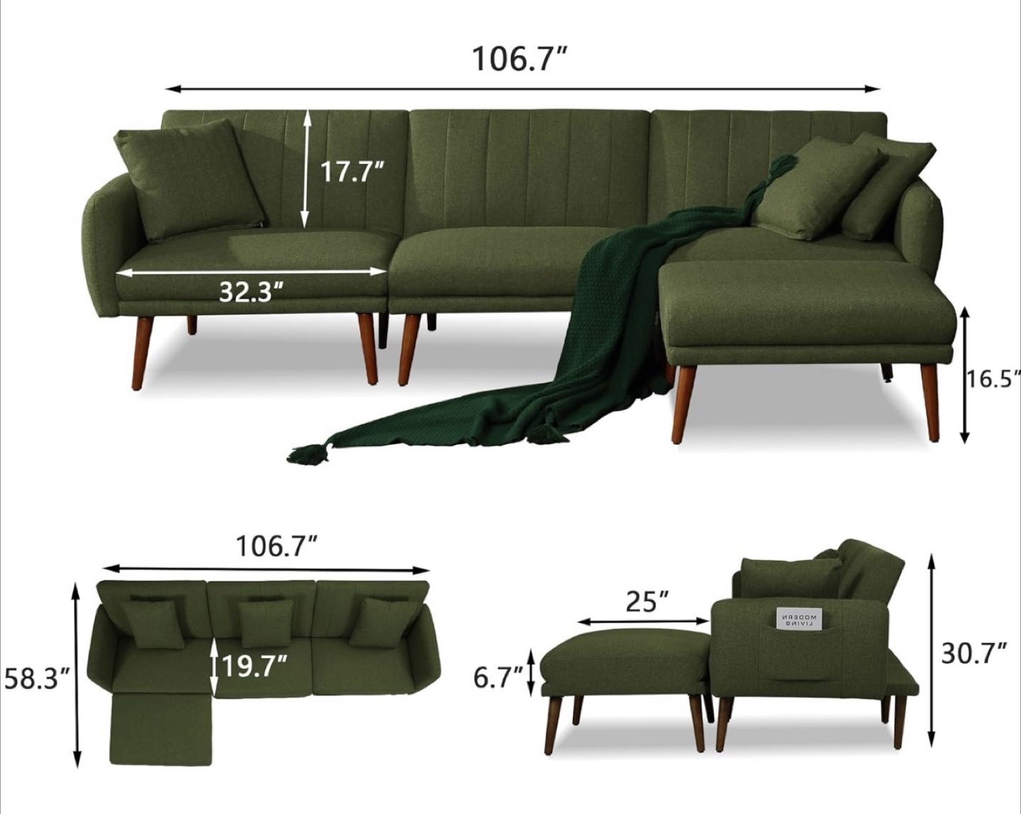 Green Adjustable Backrest Sectional Sofa - photo 2