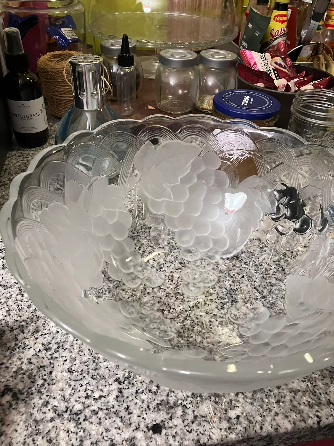 Large Glass Bowl with Grape Design thumbnail