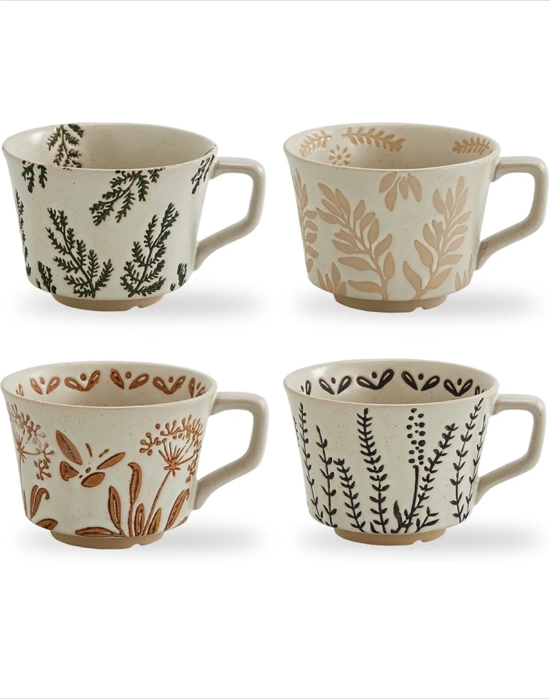 Set of 4 Floral Patterned Stoneware Mugs
