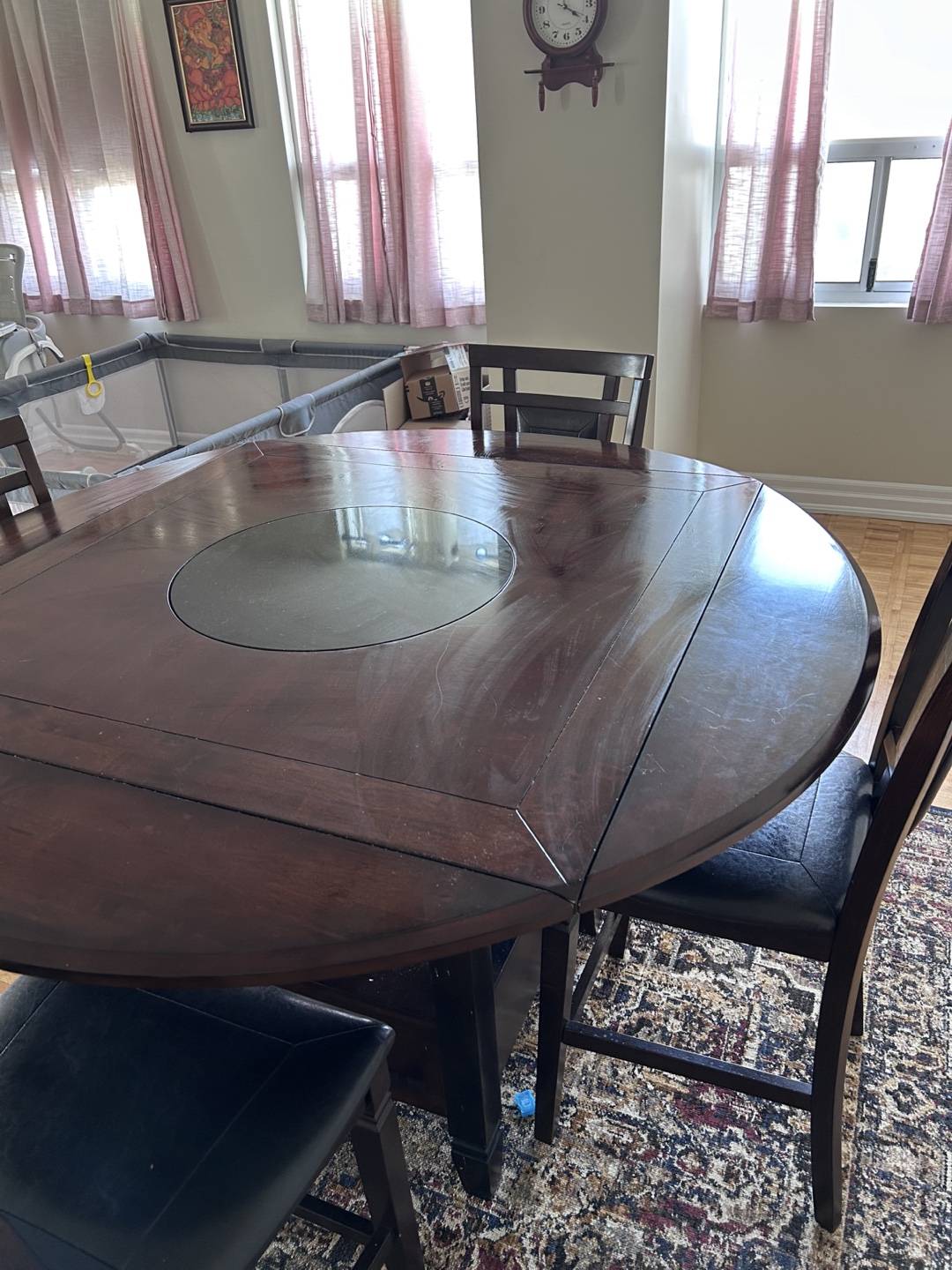 Dark Wood Round to Square Dining Table with 4 Chairs - photo 4