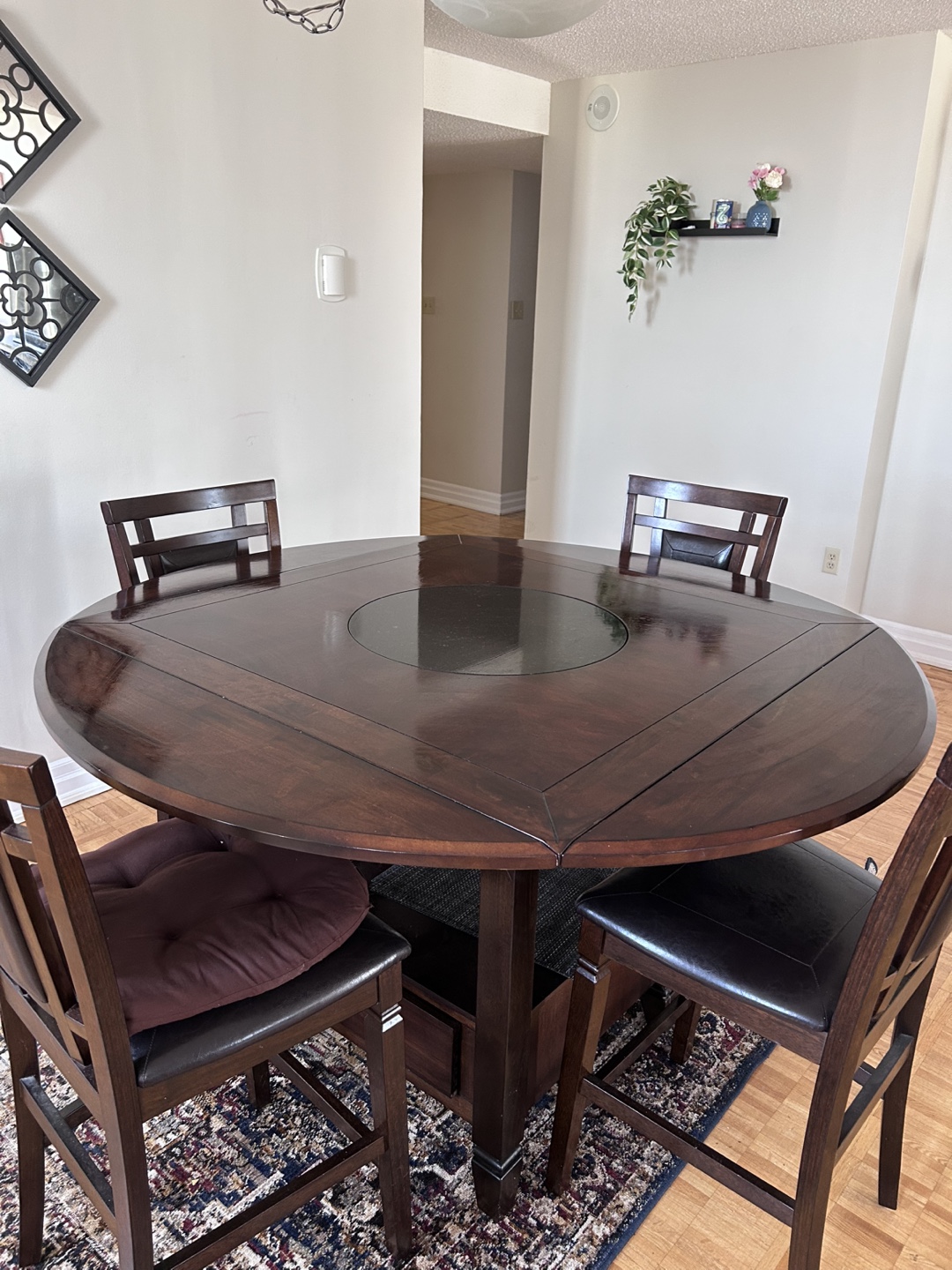 Dark Wood Round to Square Dining Table with 4 Chairs - photo 2