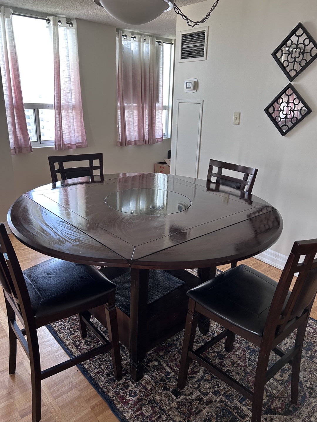 Dark Wood Round to Square Dining Table with 4 Chairs