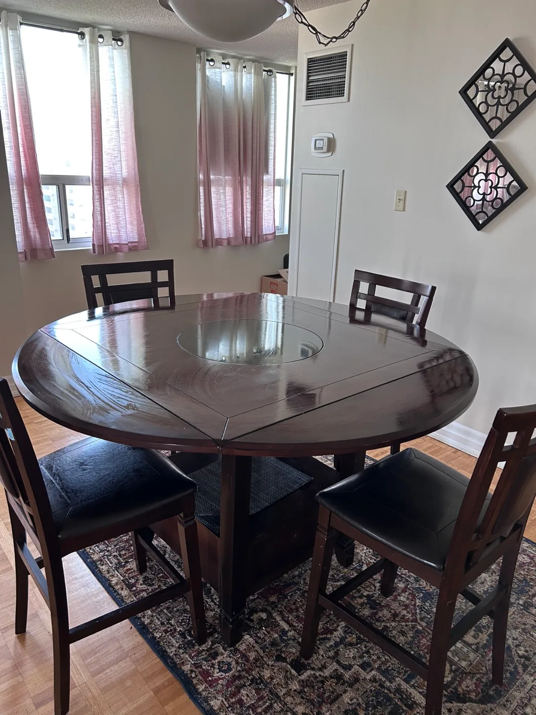 Dark Wood Round to Square Dining Table with 4 Chairs thumbnail