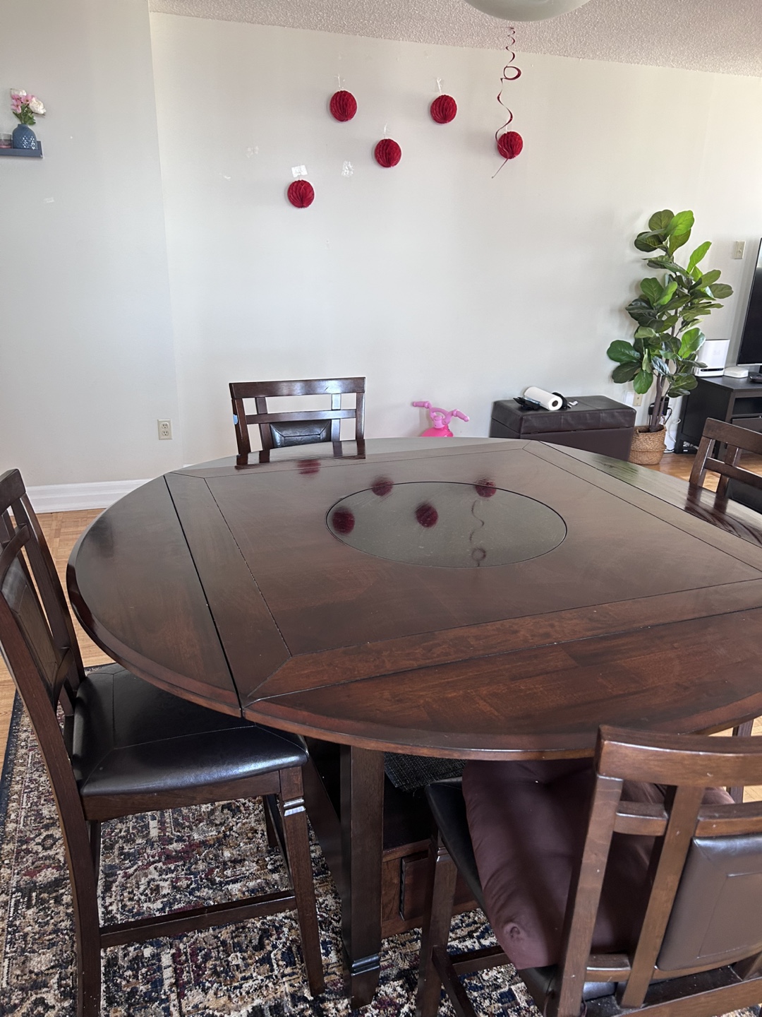 Dark Wood Round to Square Dining Table with 4 Chairs - photo 3
