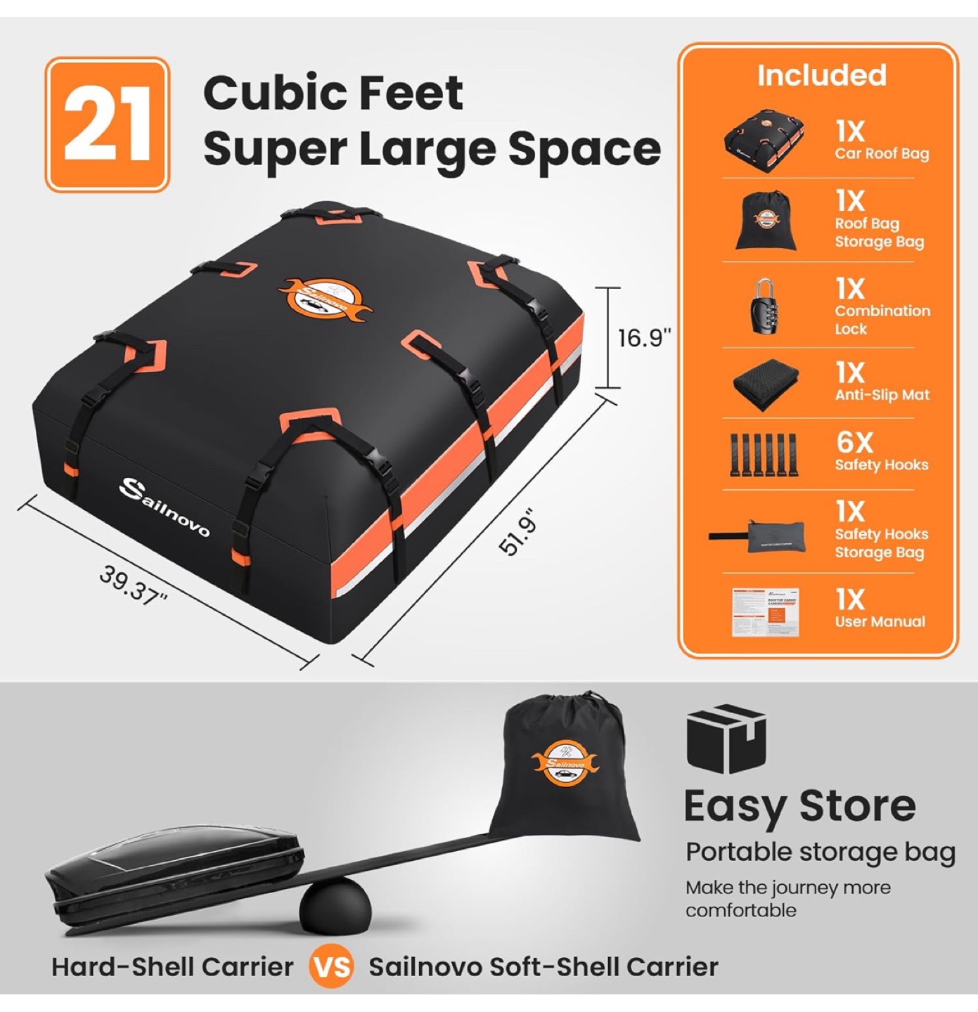 Sailnovo 21 Cubic Feet Rooftop Cargo Carrier Bag - Black - photo 2