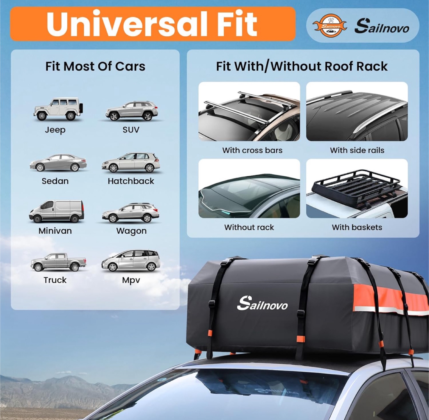 Sailnovo 21 Cubic Feet Rooftop Cargo Carrier Bag - Black - photo 5