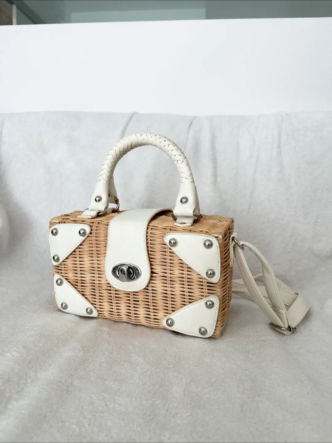 Free People Straw Wicker Rattan Basket Crossbody Top Handle Bag thumbnail