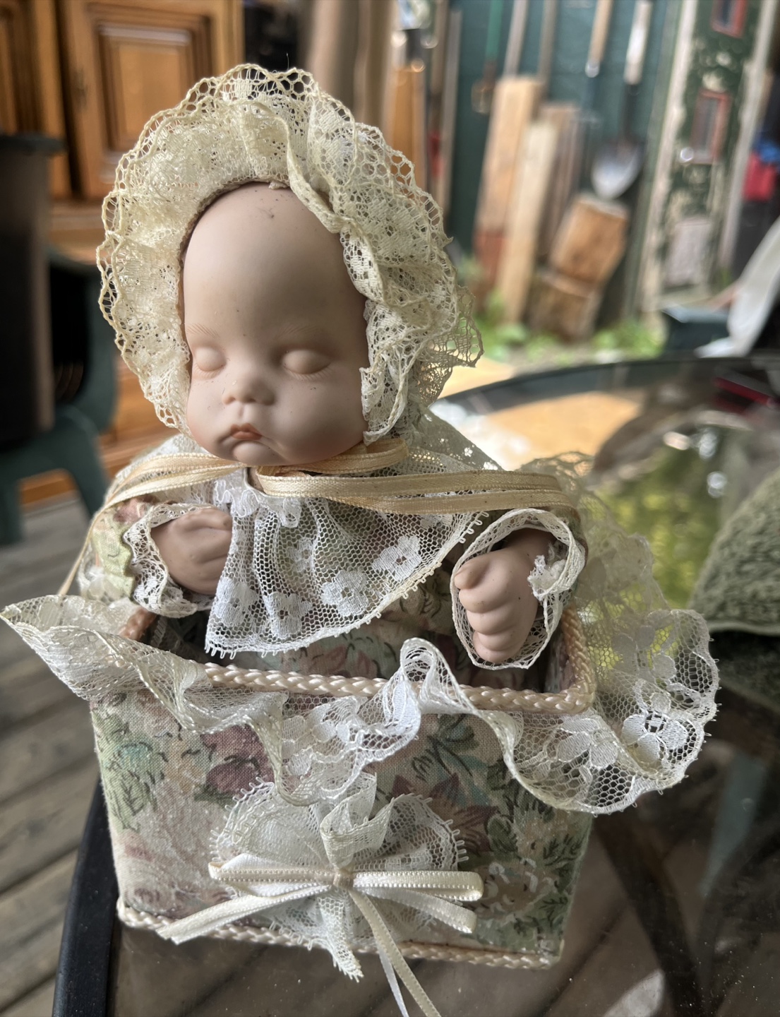 Vintage Musical Doll in Basket